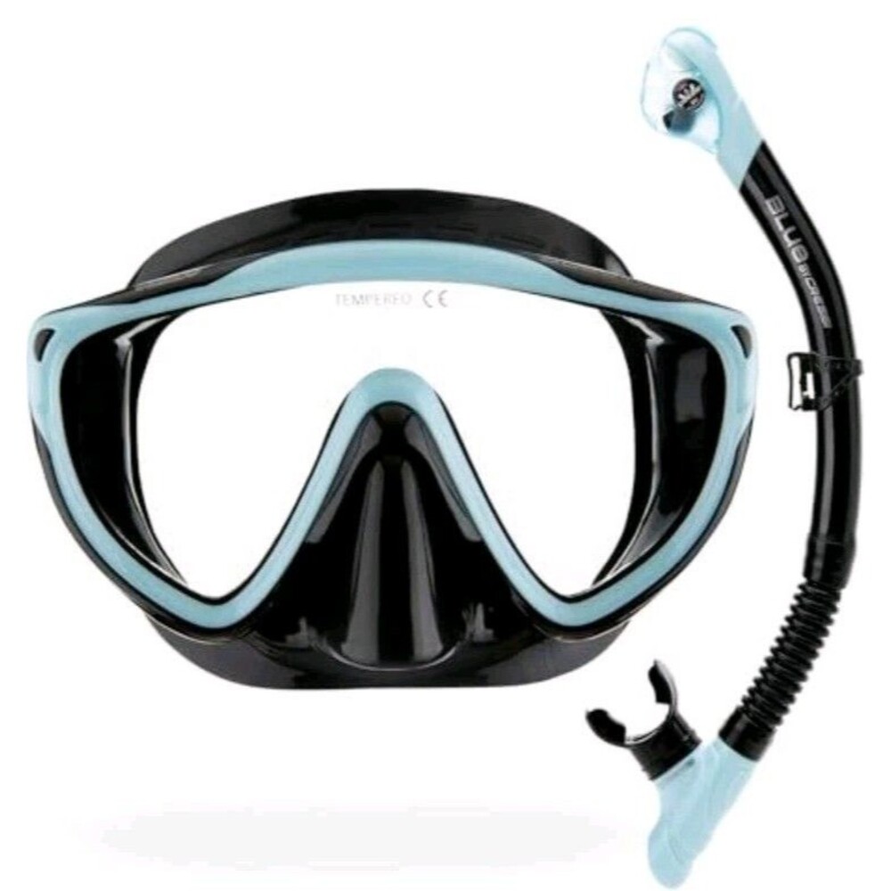 Blue Cressi Tino & Scilla Snorkeling Combo Diving Gear Mask Black/Ice Cyan Adult